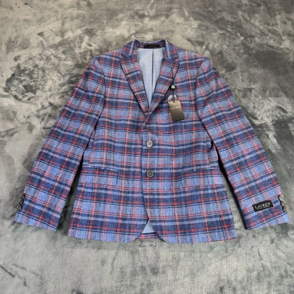 LAUREN RALPH LAUREN Boy 14R Bloxbury Blue Red Plaid Sport Coat Blazer Linen Blen